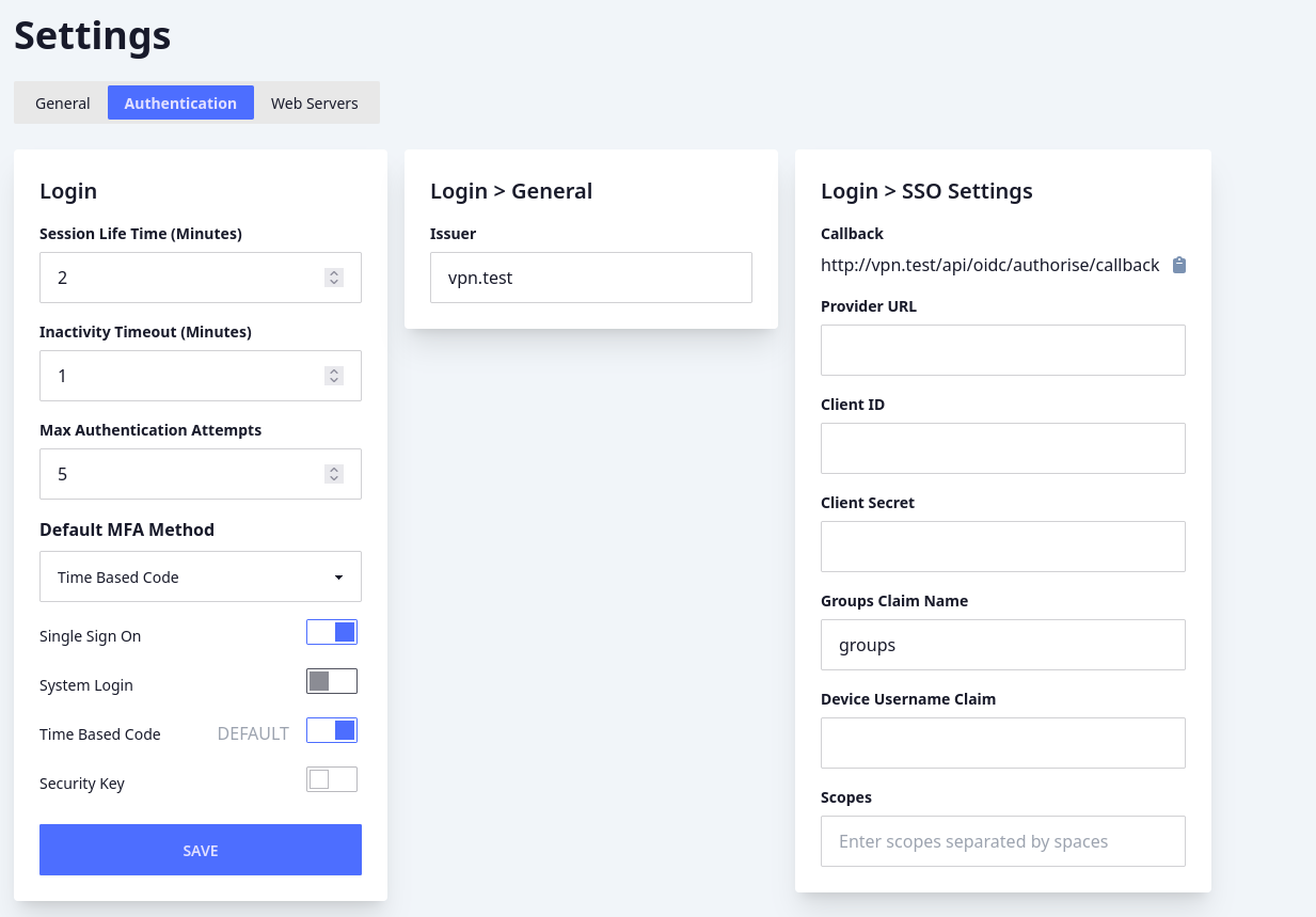 Wag SSO settings page